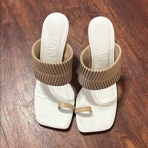 DELAN White and Tan Leather Slide Mules with Toe Loop